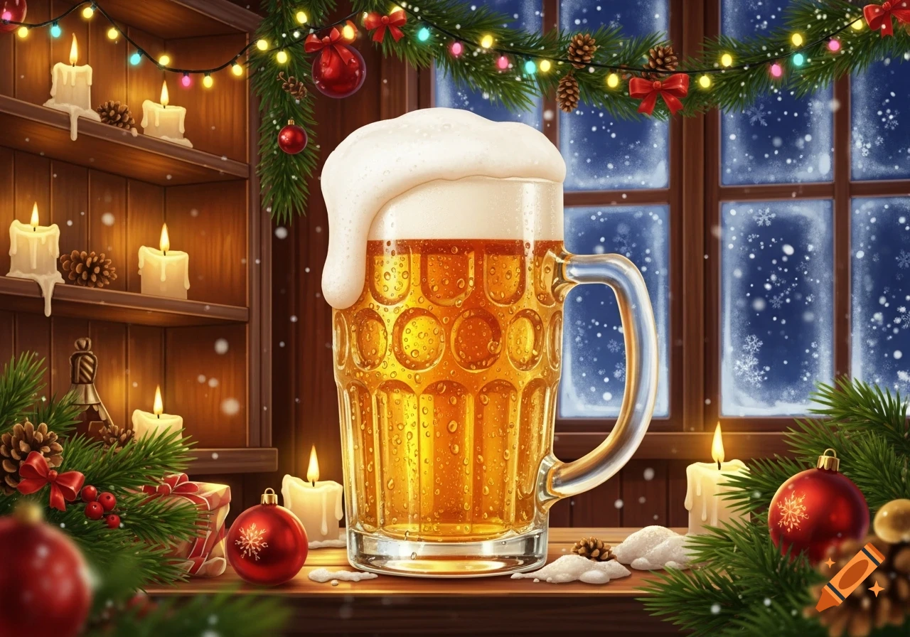 An overflowing beer mug surrounded by lit candles and festive Christmas garland, against a snowy window.