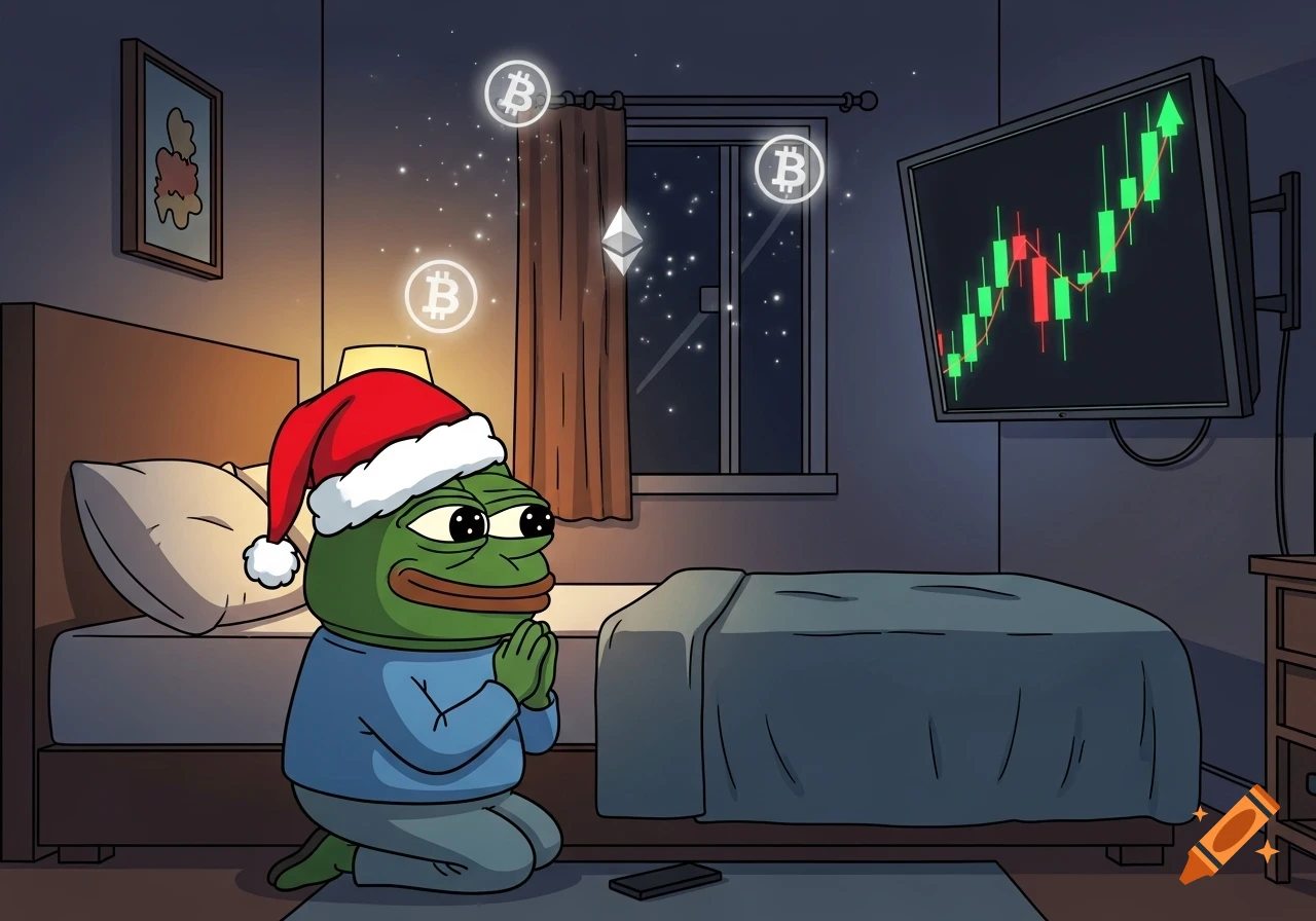 Pepe the Frog in a Santa hat kneels by a bed, praying as a crypto chart rises on a TV, with glowing Bitcoin and Ethereum symbols. Cartoon style.