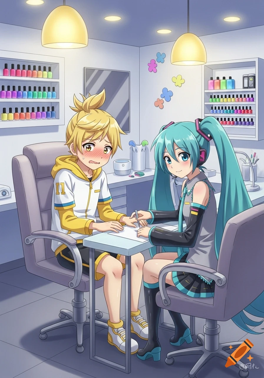 Kagamine Len, looking embarrassed, gets a manicure from Hatsune Miku in a vibrant nail salon, anime style.