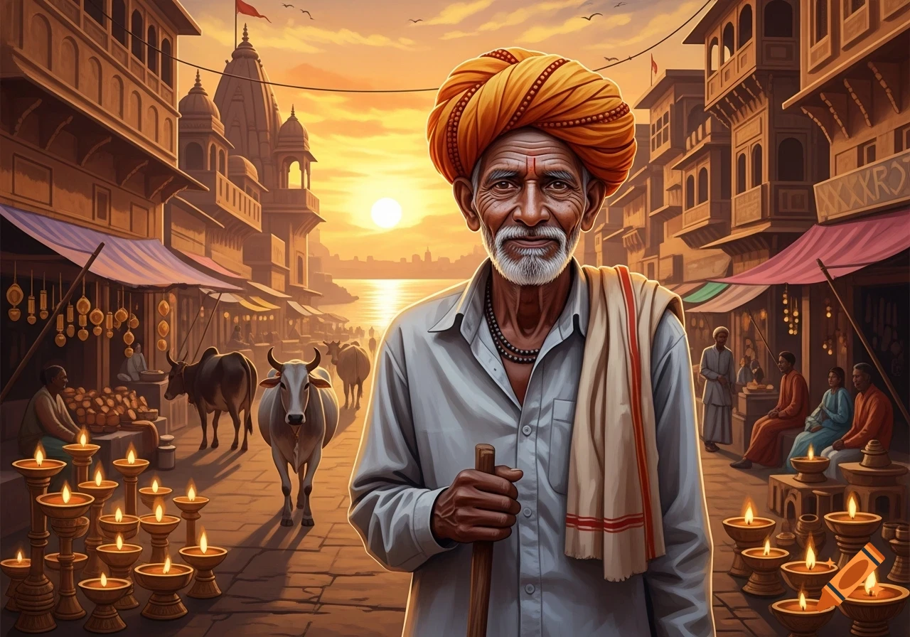 Illustrative portrait of a smiling old Indian man in a turban holding a stick, standing in a busy marketplace with cows, buildings, and oil lamps at sunset.