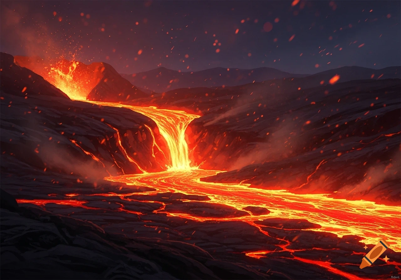 A dramatic river of glowing orange and yellow lava flows down dark, rocky slopes at night, with fiery eruptions and sparks flying into the dark sky.