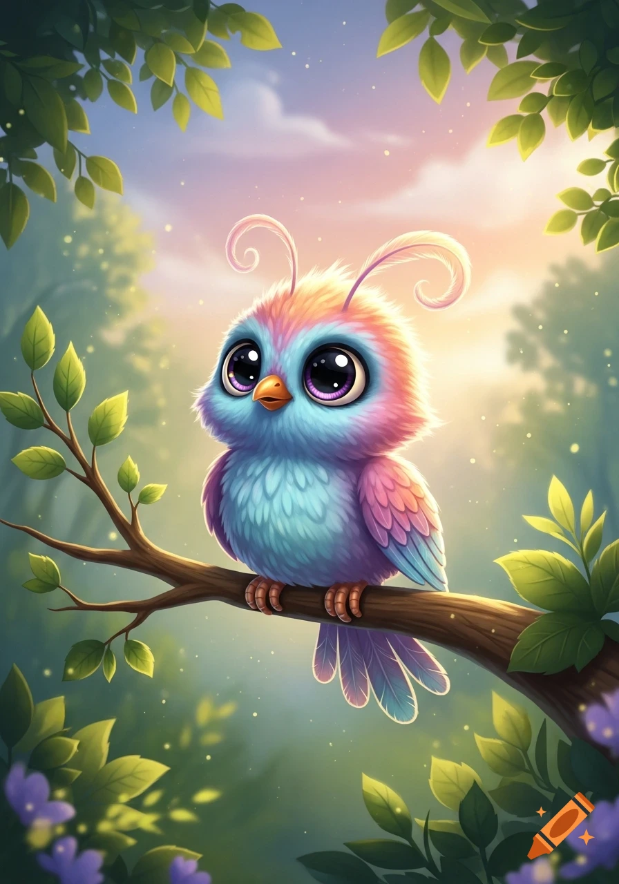 A fluffy, pastel-colored cartoon bird with big eyes and antennae perches on a tree branch in a whimsical forest.