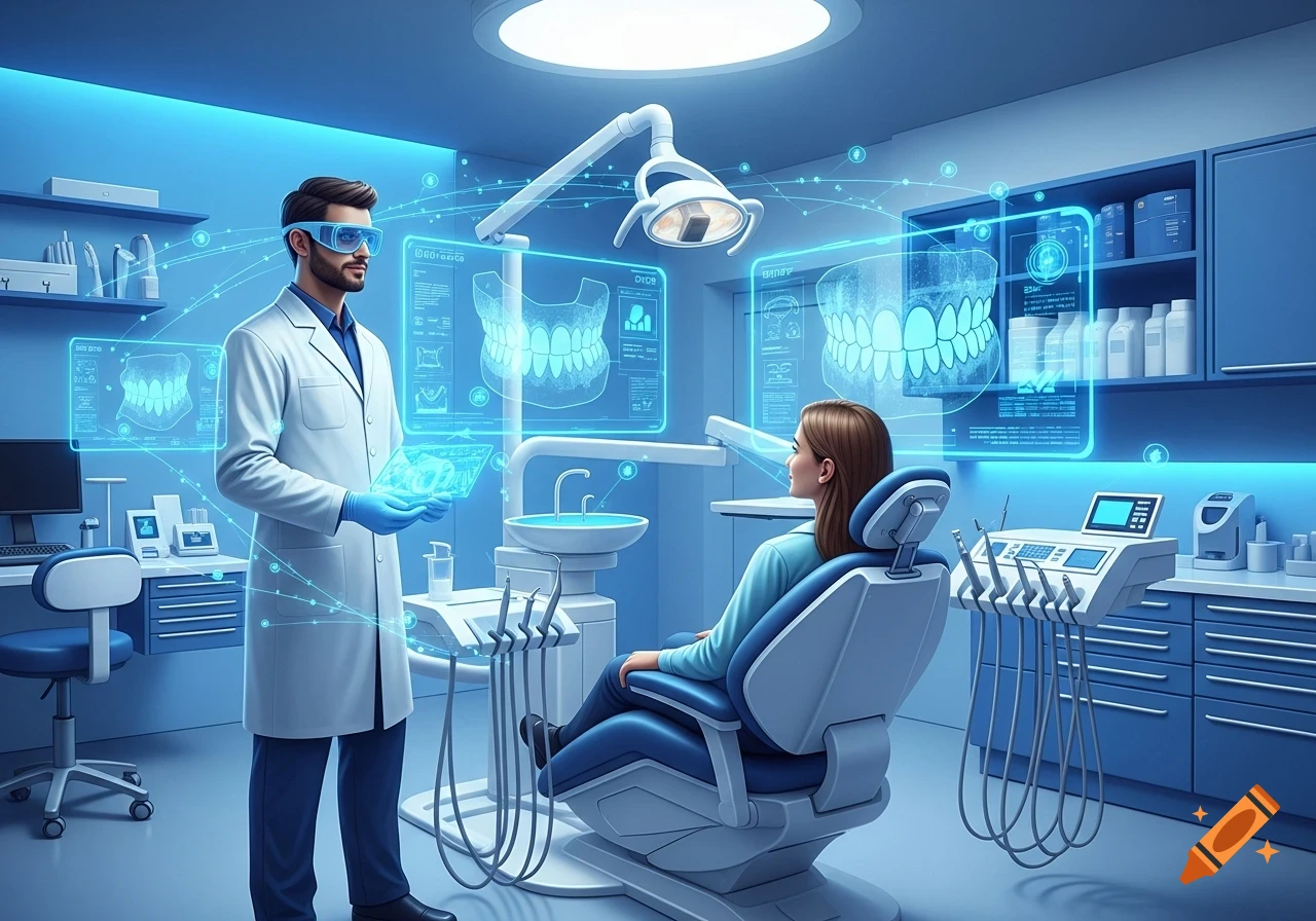 A futuristic dentist wearing smart glasses and holding a holographic tablet, explaining dental data to a female patient in a blue-lit office.