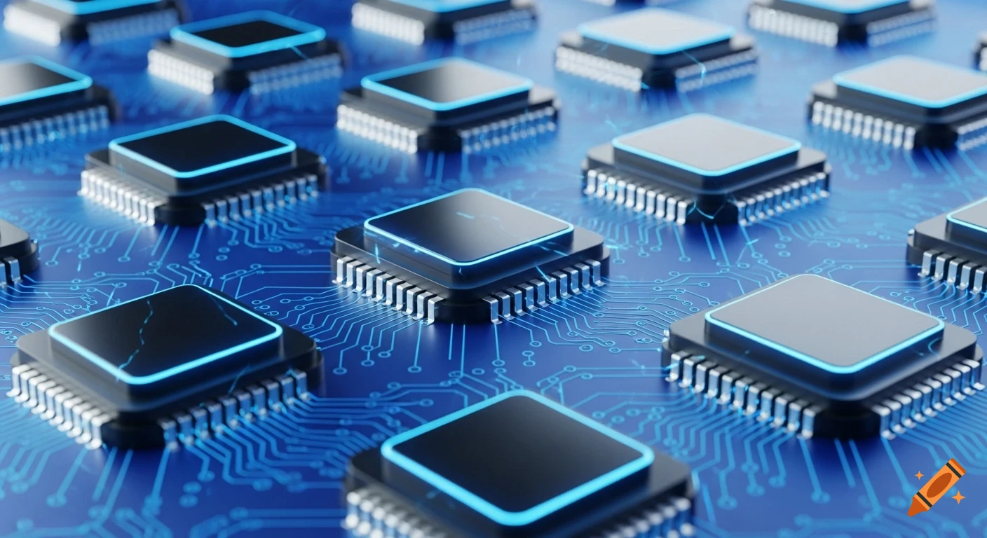 Close-up of numerous black computer chips with glowing blue accents on a blue circuit board.