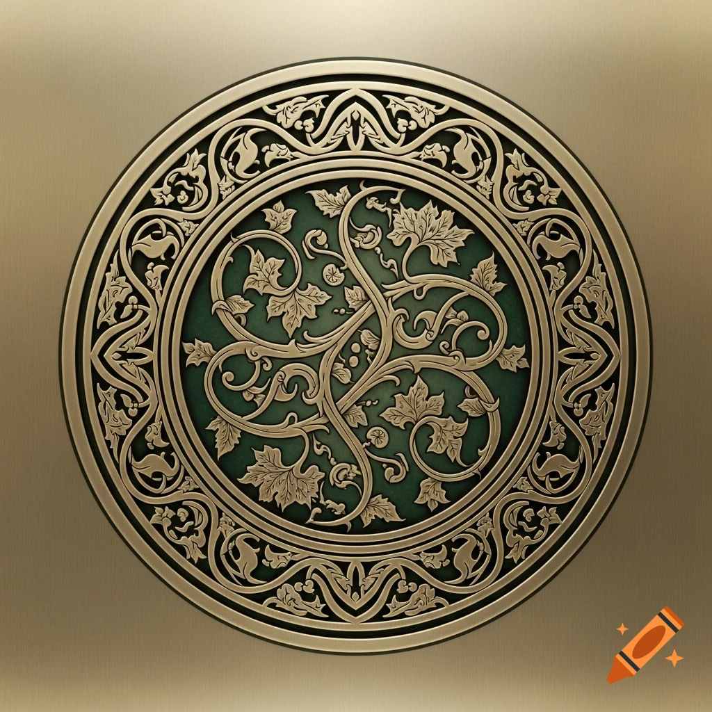 An intricate gold and green ornamental circular emblem, embossed with flowing leaves and vines, set against a brushed metallic gold background.