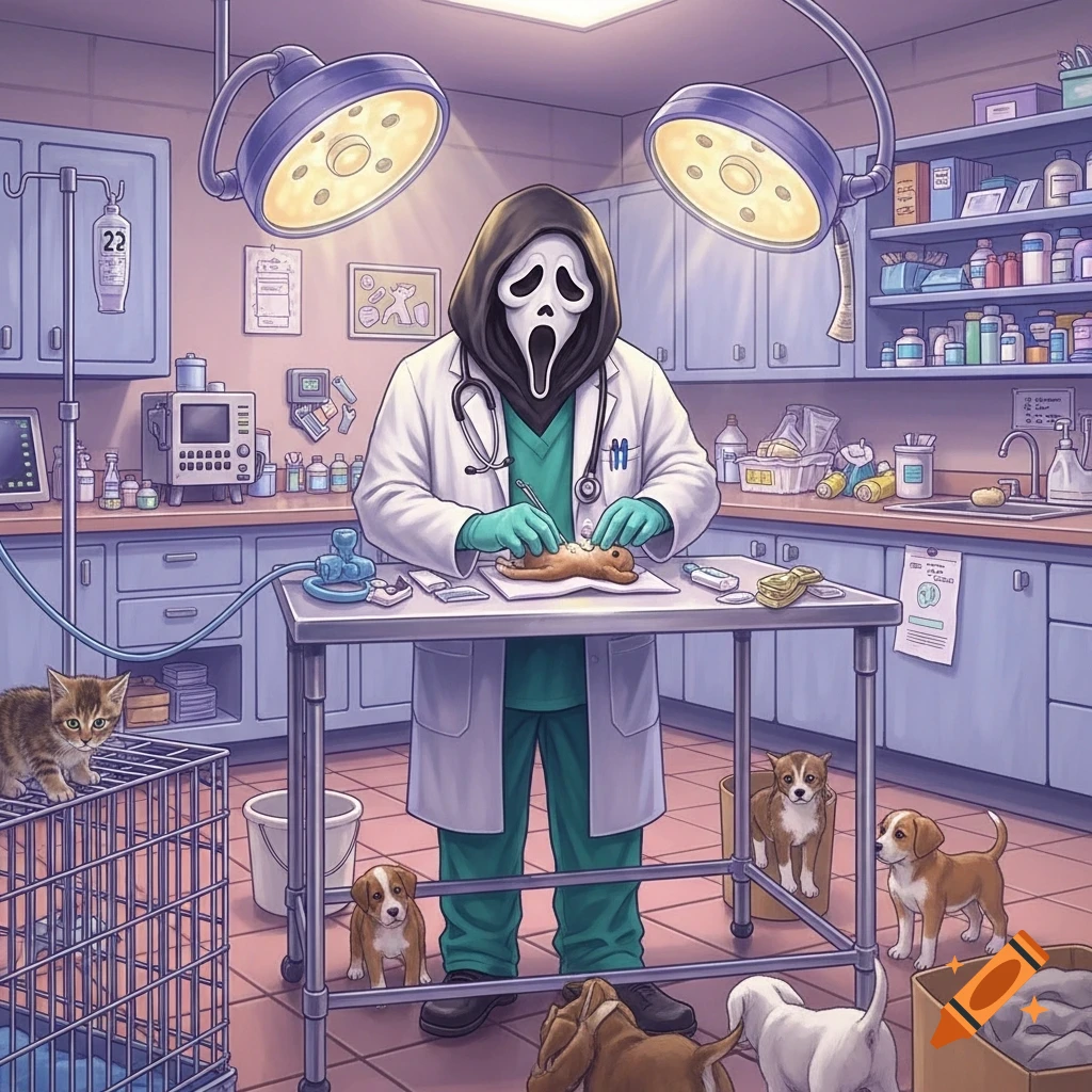Cartoon illustration of Ghostface in a doctor's coat and scrubs operating on a small animal, surrounded by puppies and a kitten in a vet clinic.