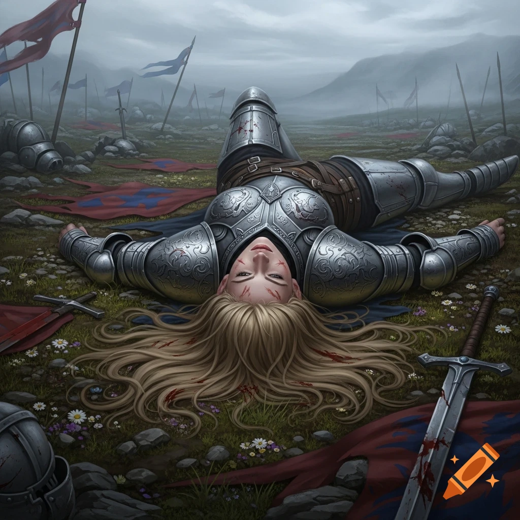 A blonde warrior with ash grey eyes lies unconscious on a muddy battlefield, surrounded by discarded armor and flags under a cloudy sky.