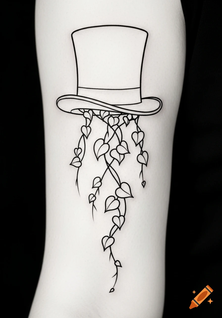 Minimalist line art tattoo design of a top hat with heart-shaped wandering jew vines hanging from it.