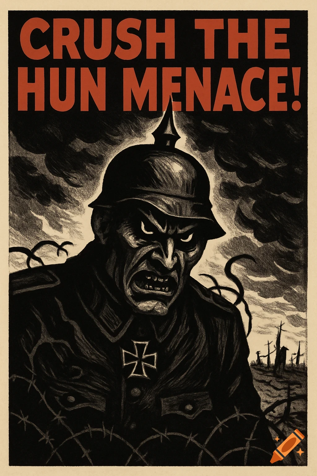 A dark WWI propaganda poster with a snarling, demonized German soldier in a Pickelhaube, barbed wire, and the text 'CRUSH THE HUN MENACE!'.