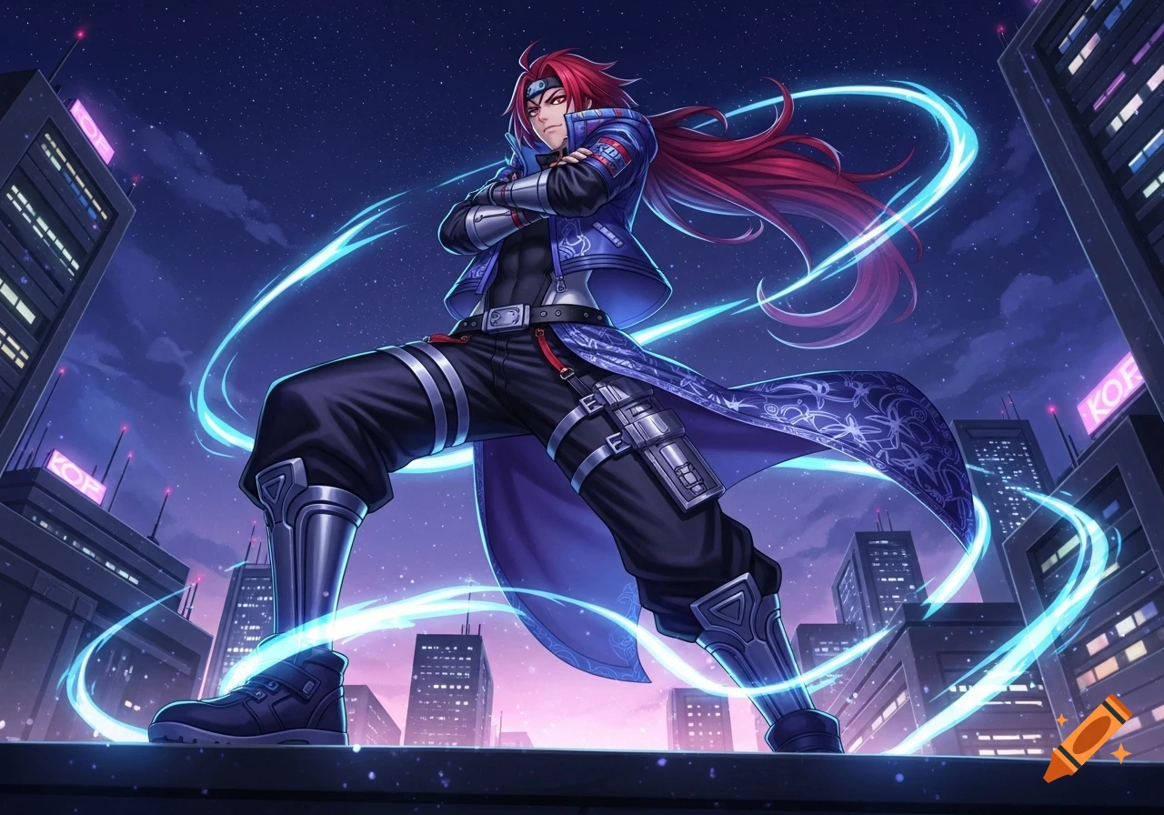 Anime male character with long red hair and a blue futuristic outfit stands on a city rooftop at night, surrounded by glowing blue energy.