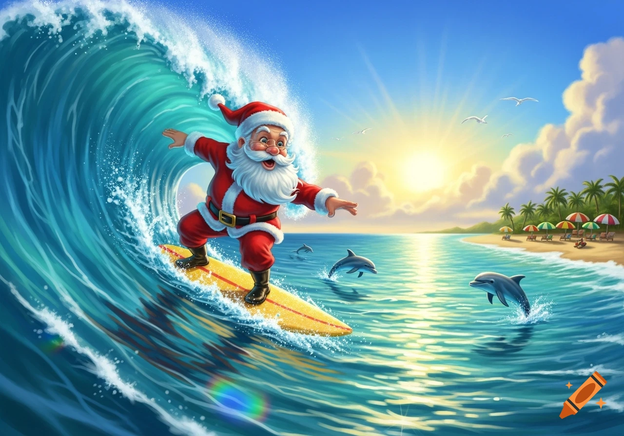 A cheerful Santa Claus surfs a large wave with dolphins jumping in the sunny tropical ocean, a beach with palm trees in the background.