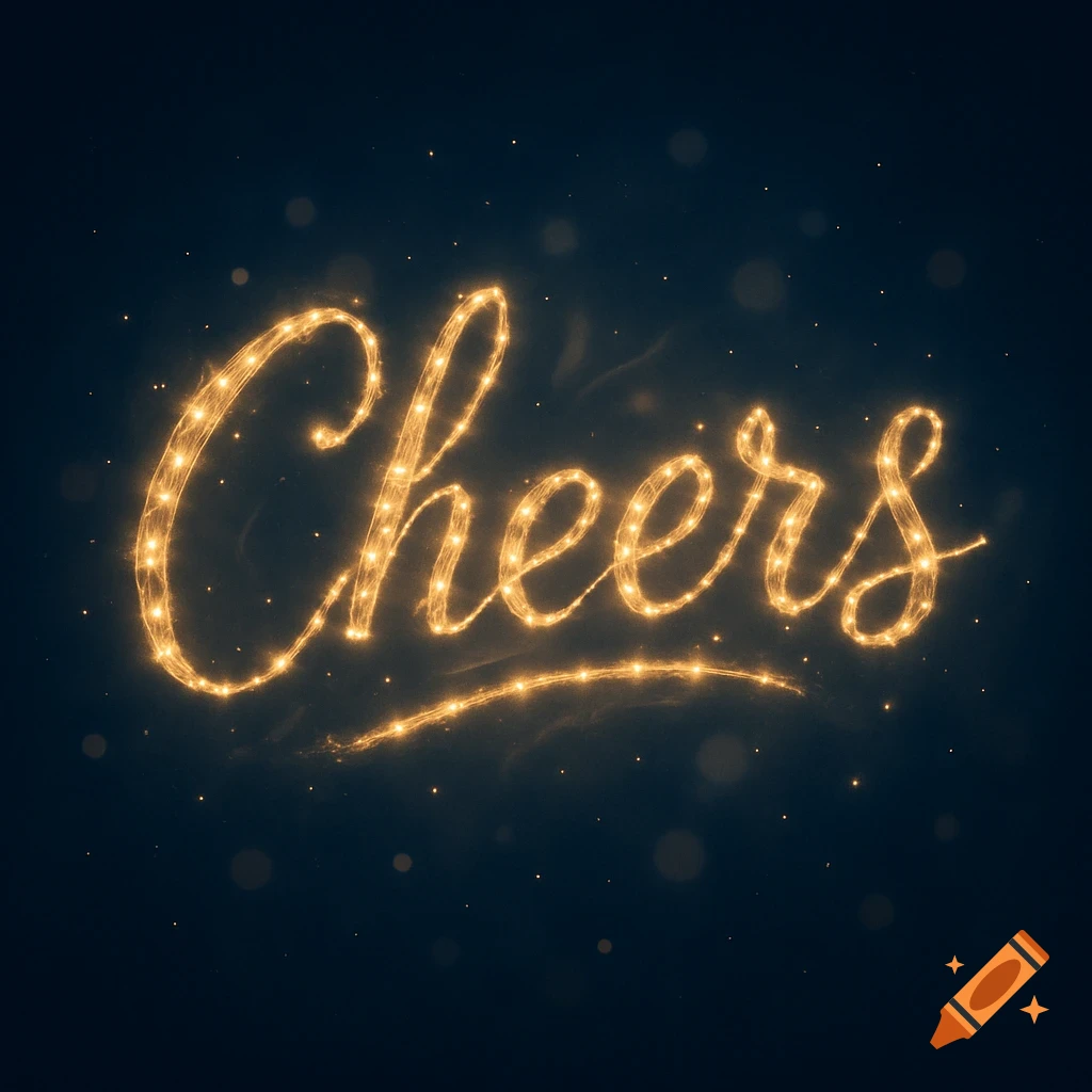 The word 'Cheers' rendered in glowing, golden twinkly lights against a dark background.