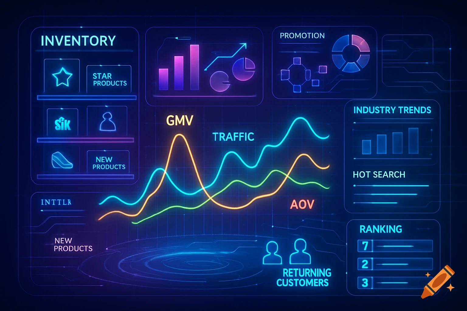A futuristic blue and purple holographic business dashboard displaying various charts and data points for inventory, promotion, industry trends, and customer metrics.