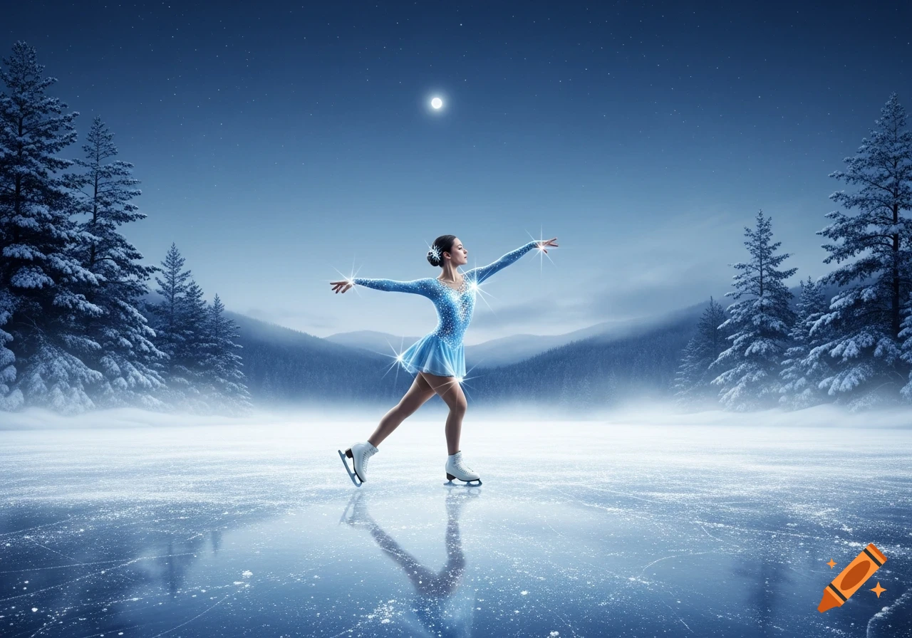 A female ice skater in a blue costume gracefully glides on an outdoor ice rink under a full moon in a snowy winter landscape.