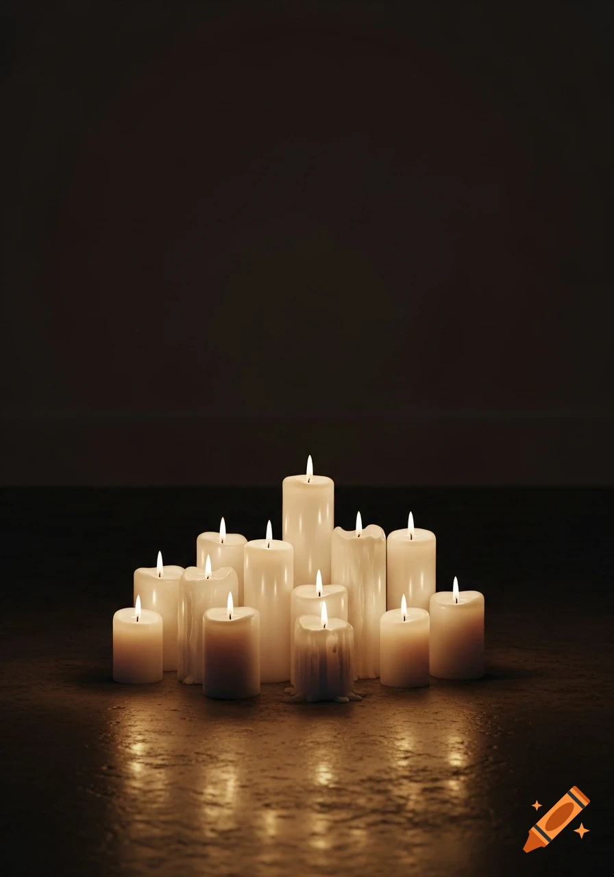 A cluster of white pillar candles with glowing flames on a dark, reflective surface, creating a warm, photorealistic ambiance.