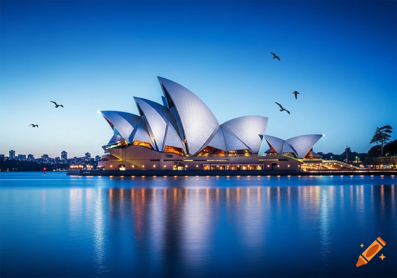 The iconic Sydney Opera House illuminated at twilight, reflected in calm blue water, with a distant city skyline.