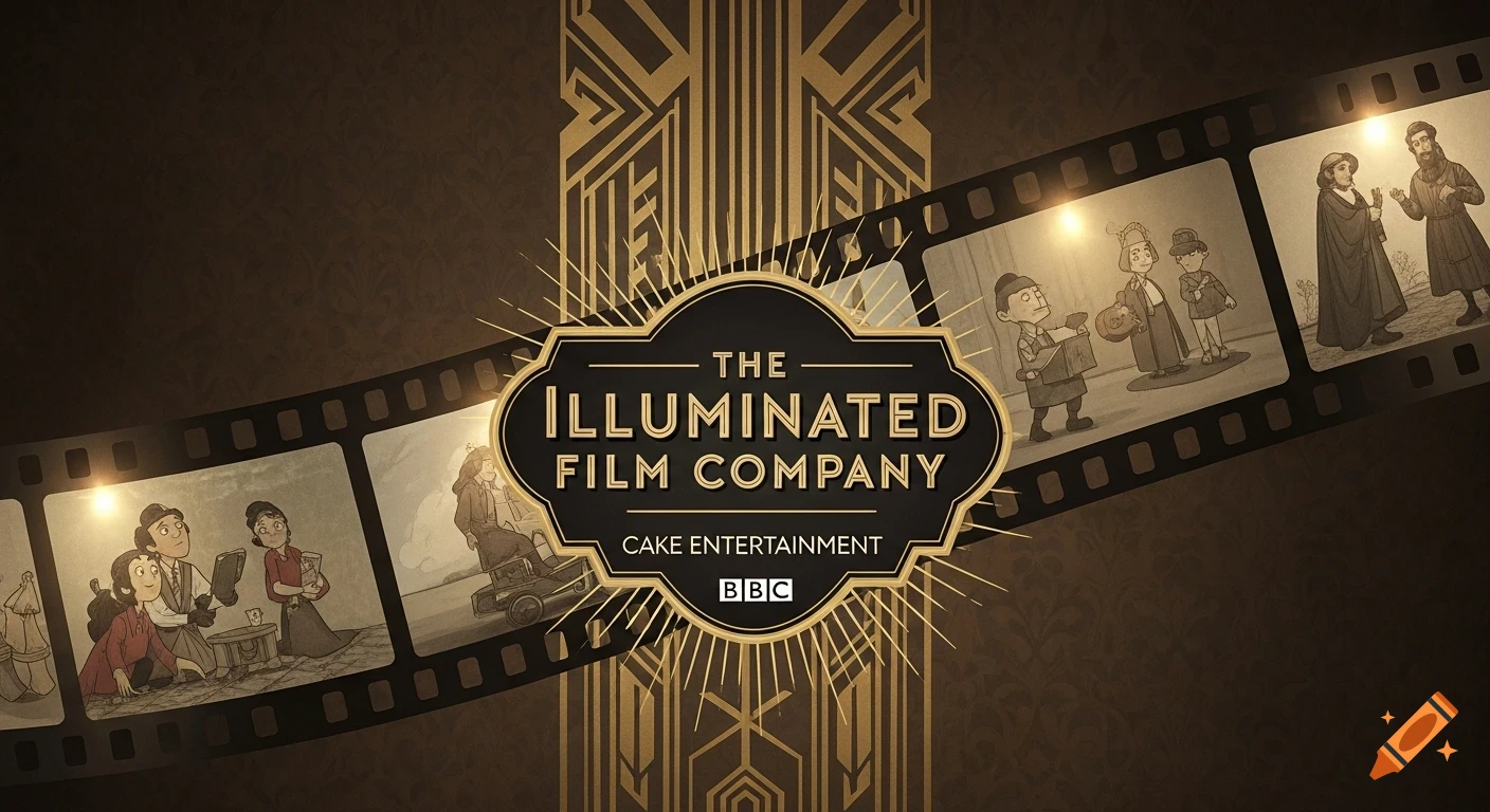 Art Deco logo for The Illuminated Film Company with a film strip showing animated characters in historical settings.