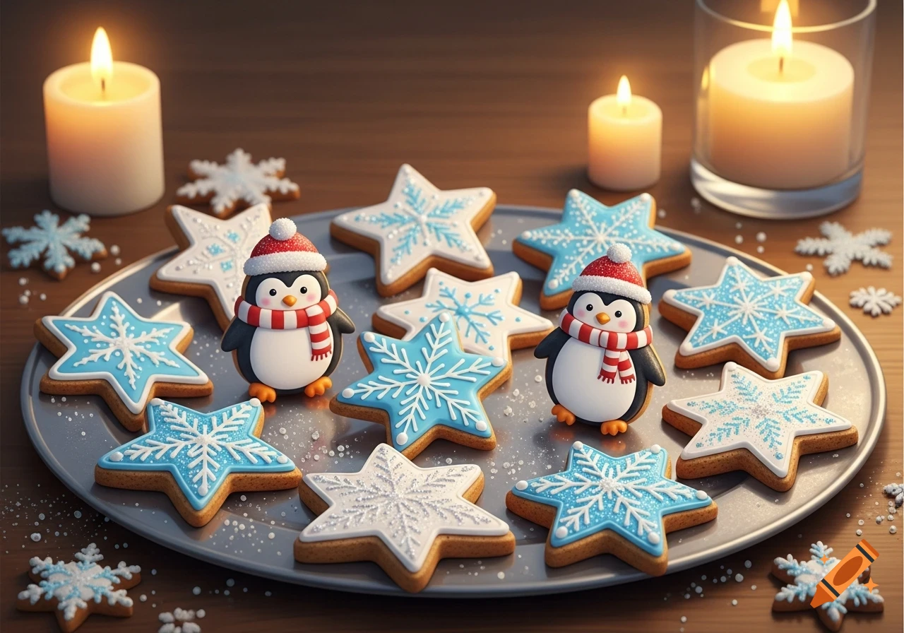 A festive tray with gingerbread star cookies decorated with blue and white snowflakes, and two cute penguin cookies in Santa hats, surrounded by lit candles.