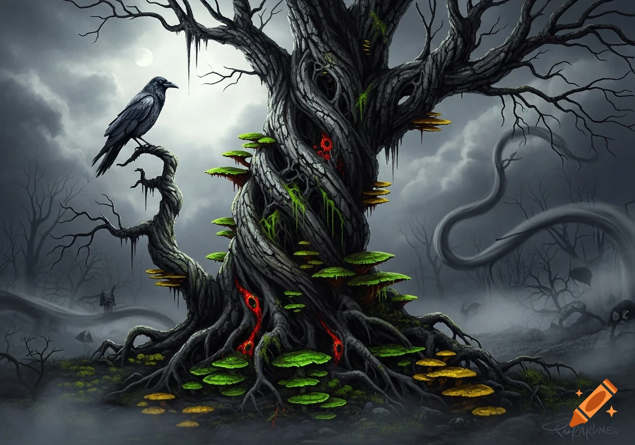 A black raven perches on a gnarled, twisted tree with glowing red holes ...