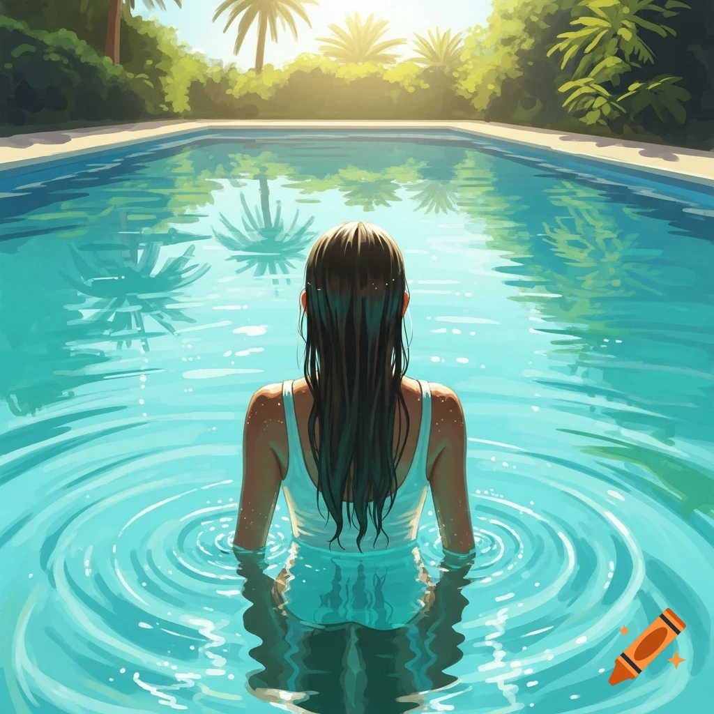 Stylized illustration of a woman with long wet hair standing in a turquoise swimming pool under the summer sun.