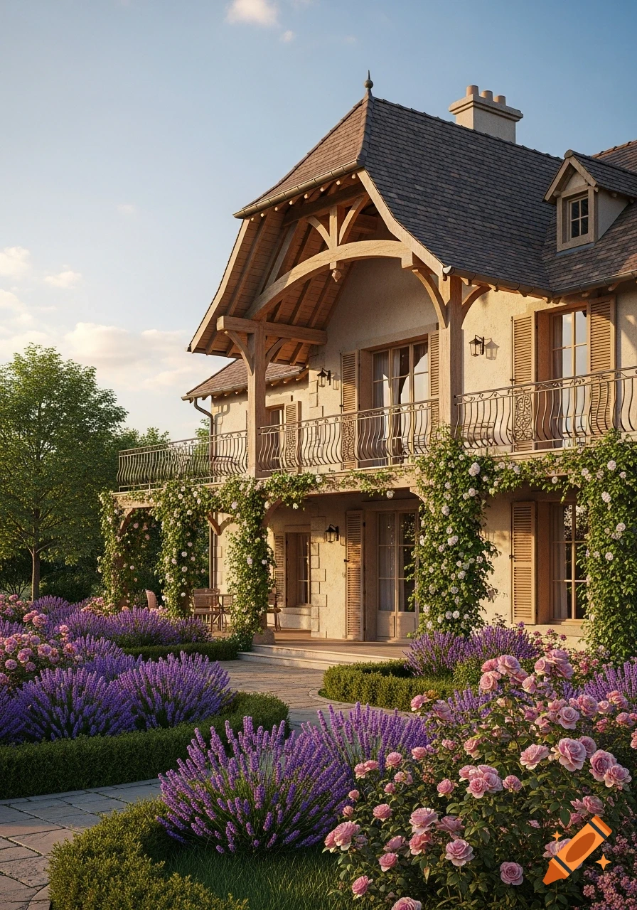 A beautiful French country-style house with an arched balcony, covered in climbing roses, surrounded by vibrant lavender bushes and pink roses in a lush garden. Photorealistic.