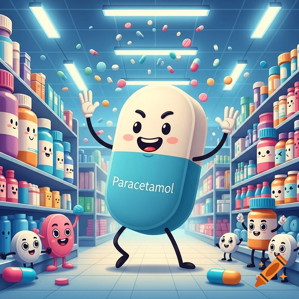 A large cartoon paracetamol pill with arms and legs smiles in a pharmacy aisle with other smiling medicine bottles and pills, and pills floating in the air.