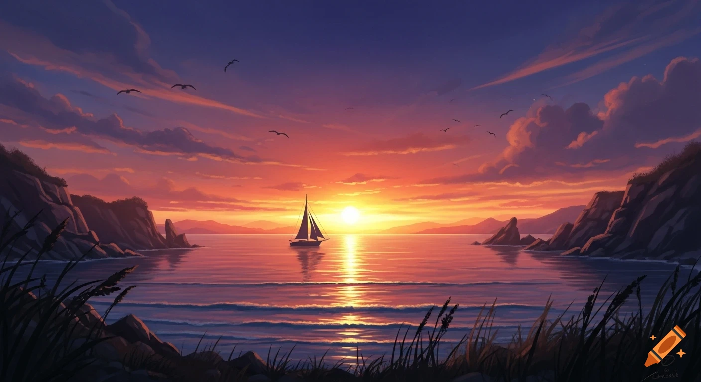 A vibrant sunset over a calm sea, with a lone sailboat silhouetted against the bright orange sun, framed by dark rocky cliffs.