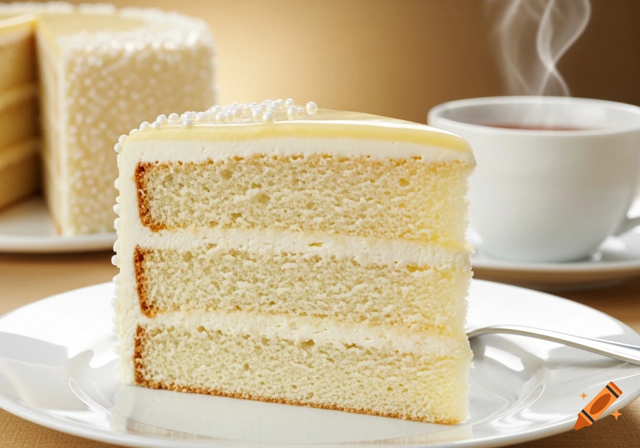 A photorealistic slice of white cake with vanilla icing and sprinkles on a plate, with a steaming cup of tea in the background.