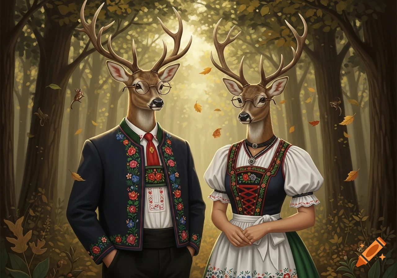 Two deer-headed figures in traditional Black Forest attire and glasses stand in a sun-dappled autumn forest.