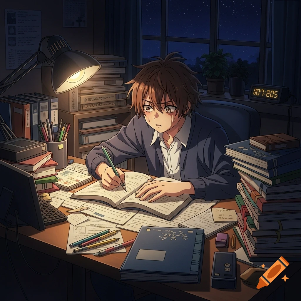 An anime boy with brown hair crying while intensely studying at a messy desk filled with books and papers, illuminated by a desk lamp at night.