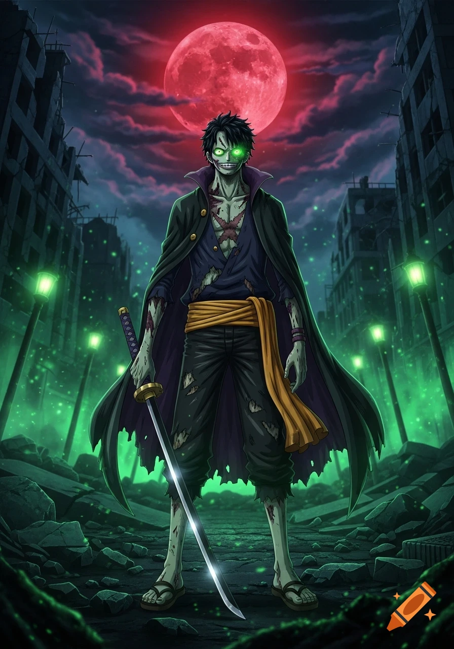 A zombie-like anime character with glowing green eyes and pale skin stands in a destroyed city under a red moon, holding a katana.