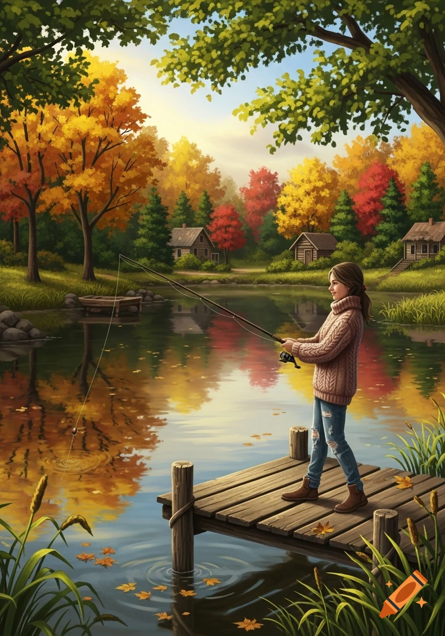 Young girl fishing from a wooden dock on a pond, surrounded by vibrant autumn trees and cabins in a painterly style.