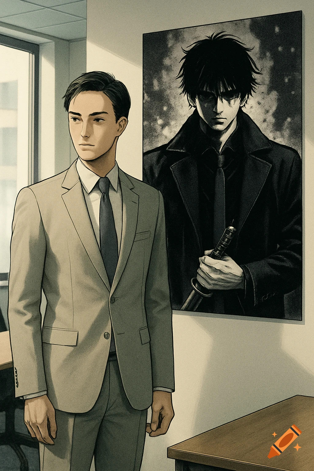An illustrative man in a light suit stands in an office next to a poster of a fierce anime character holding a katana.