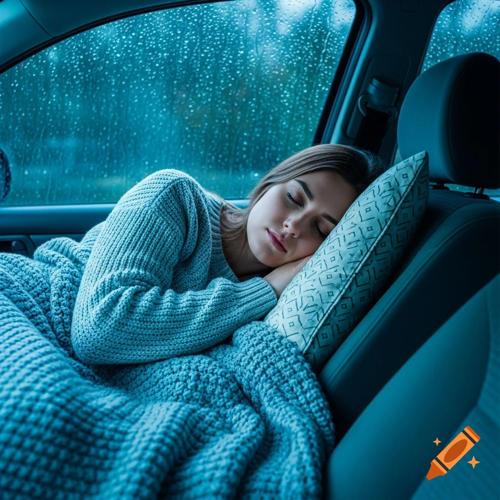 A young woman sleeps peacefully in a car, covered by a blue knitted blanket, with rain visible outside the window. Photorealistic.