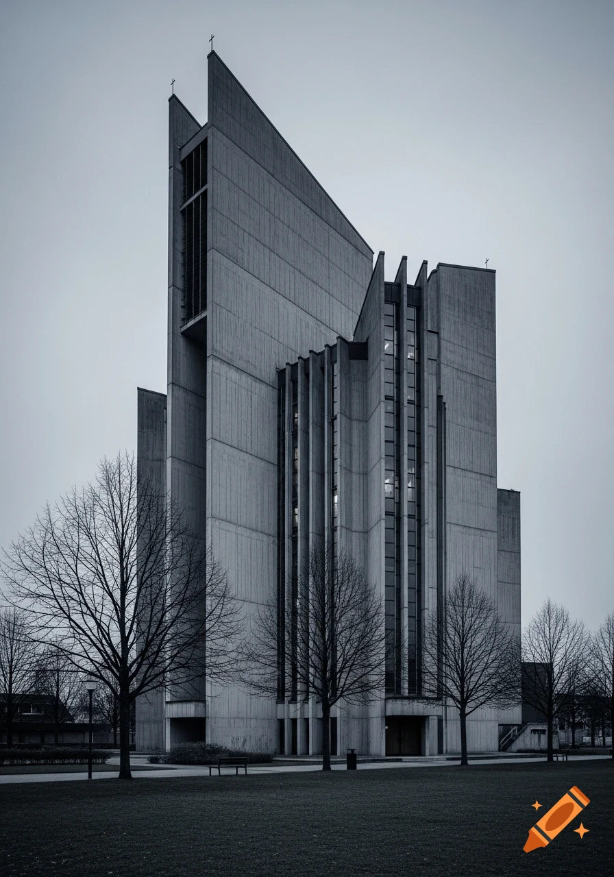 A brutalist church building with sharp concrete facades and leafless trees under a gray sky.