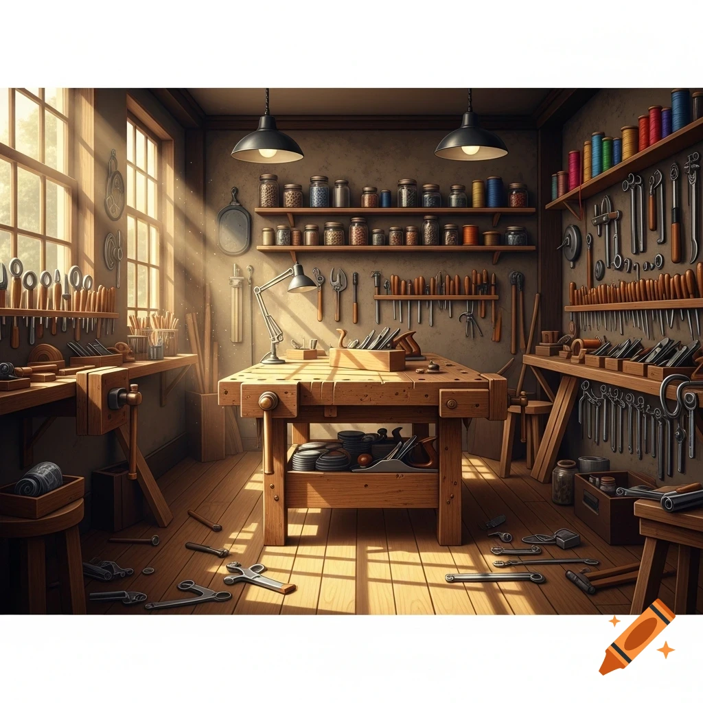 A rustic, sunlit workshop with a wooden workbench, shelves of jars and threads, and various hand tools neatly hung on the walls.