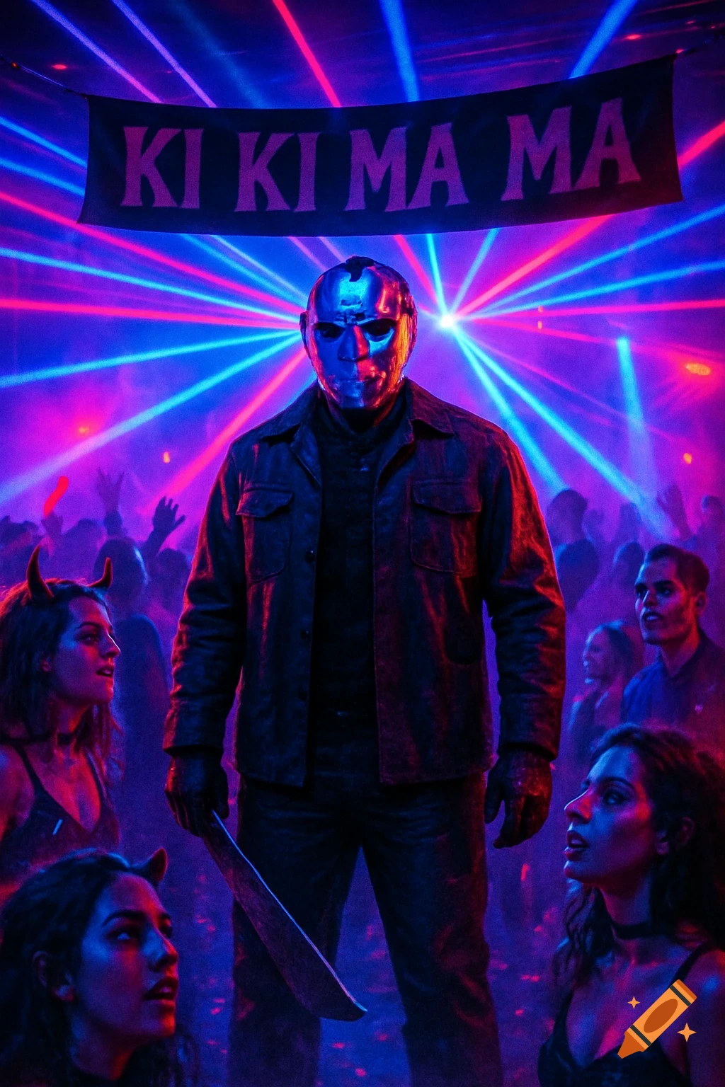 Jason Voorhees from Friday the 13th stands in a dark, neon-lit rave, holding a machete under a banner reading 'KI KI MA MA'.