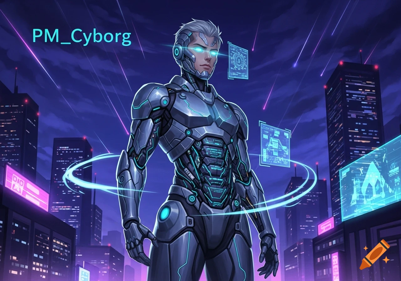A male cyborg with glowing blue eyes and metallic armor stands in a futuristic city with holographic displays, in an anime style. The text "PM_Cyborg" is in the top left corner.