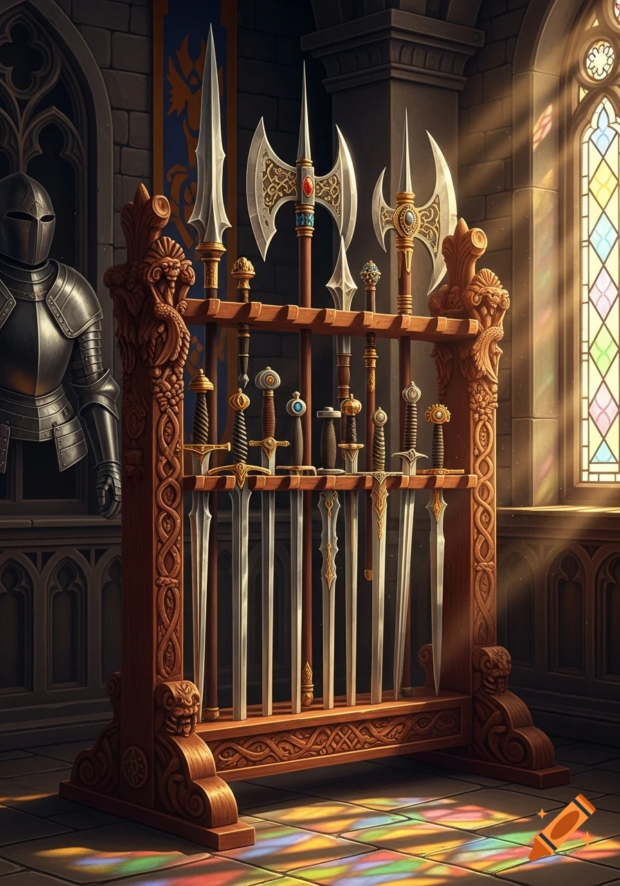 A wooden weapon rack holding many swords and axes in a medieval castle room with a suit of armor and stained-glass window.
