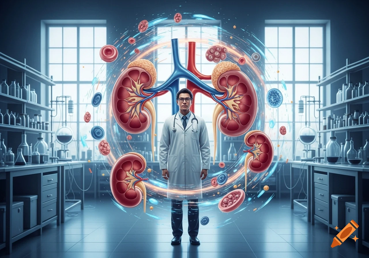 A doctor in a lab coat stands in a futuristic laboratory, surrounded by glowing stylized human kidneys, arteries, and blood cells.