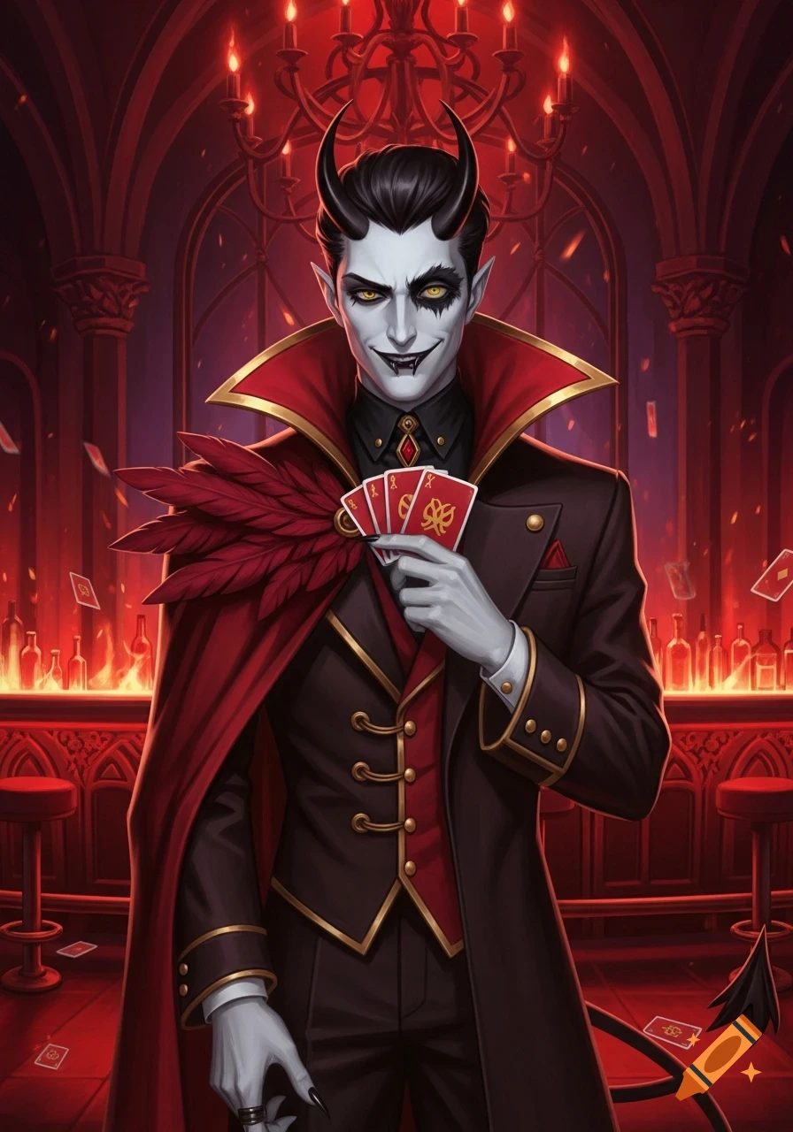 A stylized demon character with black horns, white skin, and red eyes, wearing a red cape and black suit, holds playing cards in a gothic-style bar.
