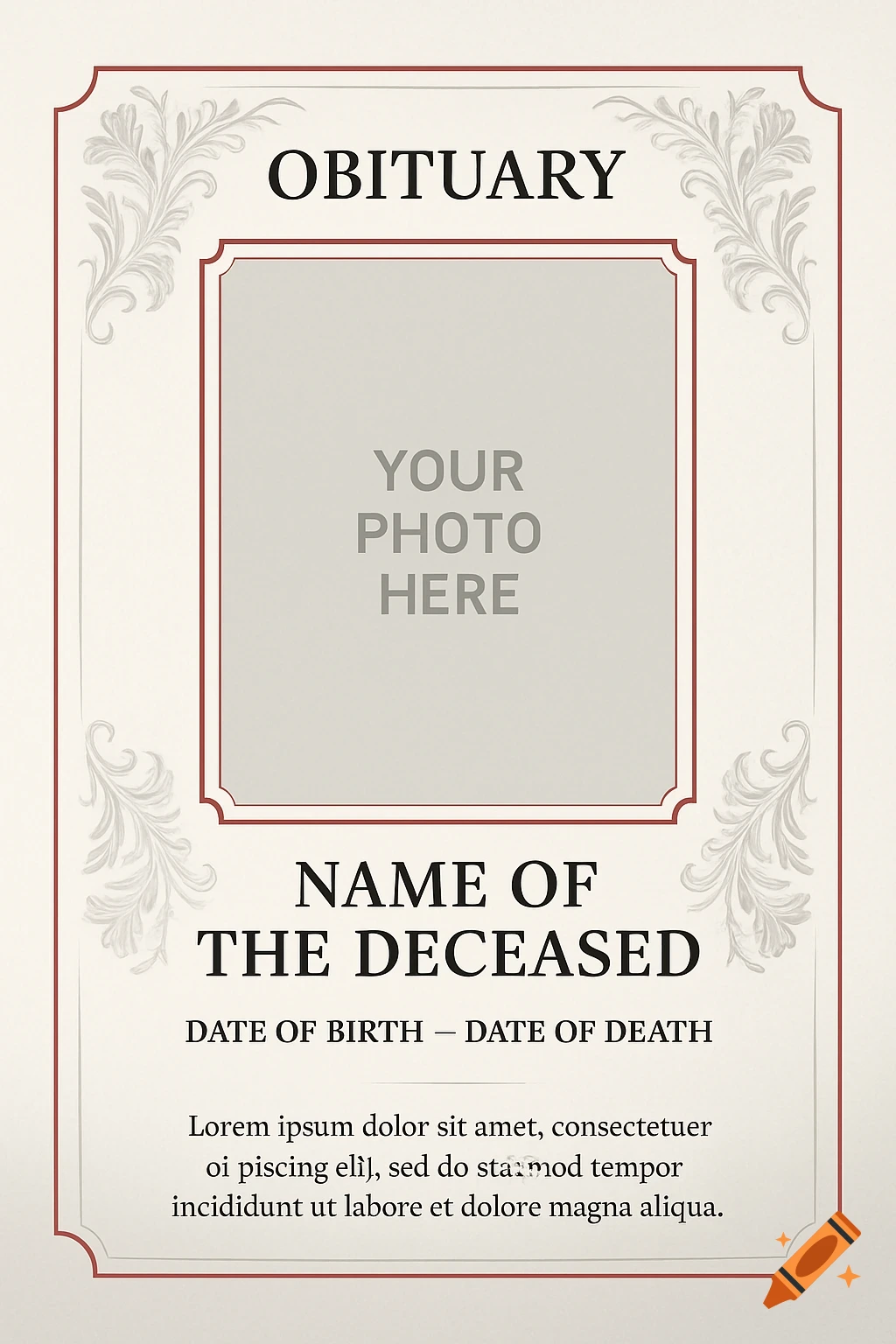 A red, white, and gray obituary template with ornamental borders, placeholder text, and a space for a photo.