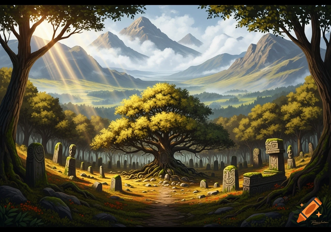 A fantasy landscape with a large, gnarled tree with golden leaves, surrounded by ancient moss-covered standing stones and a path. Sunbeams pierce through trees towards distant mountains.