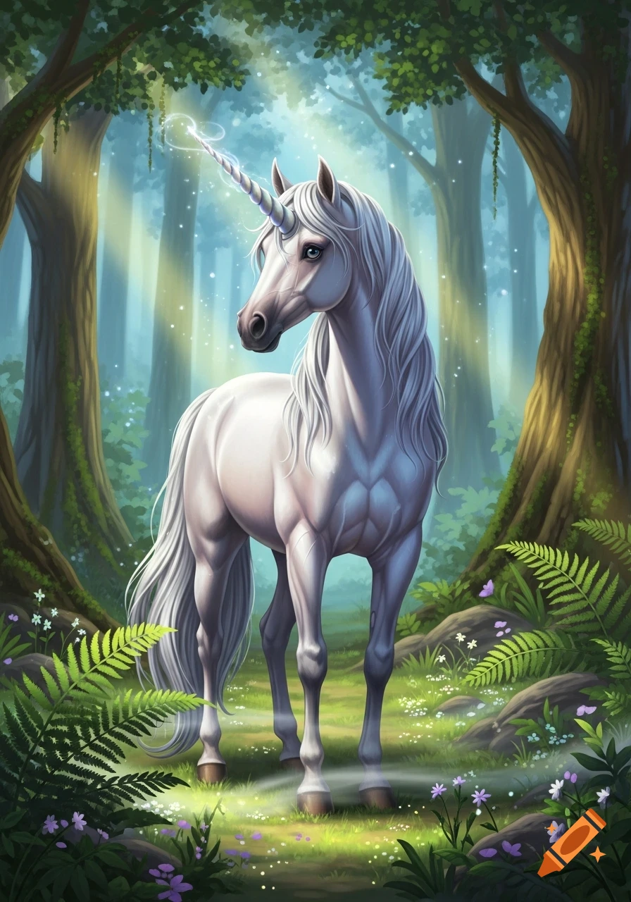 A majestic white unicorn with a spiraling horn stands in a mystical, sun-dappled forest clearing.