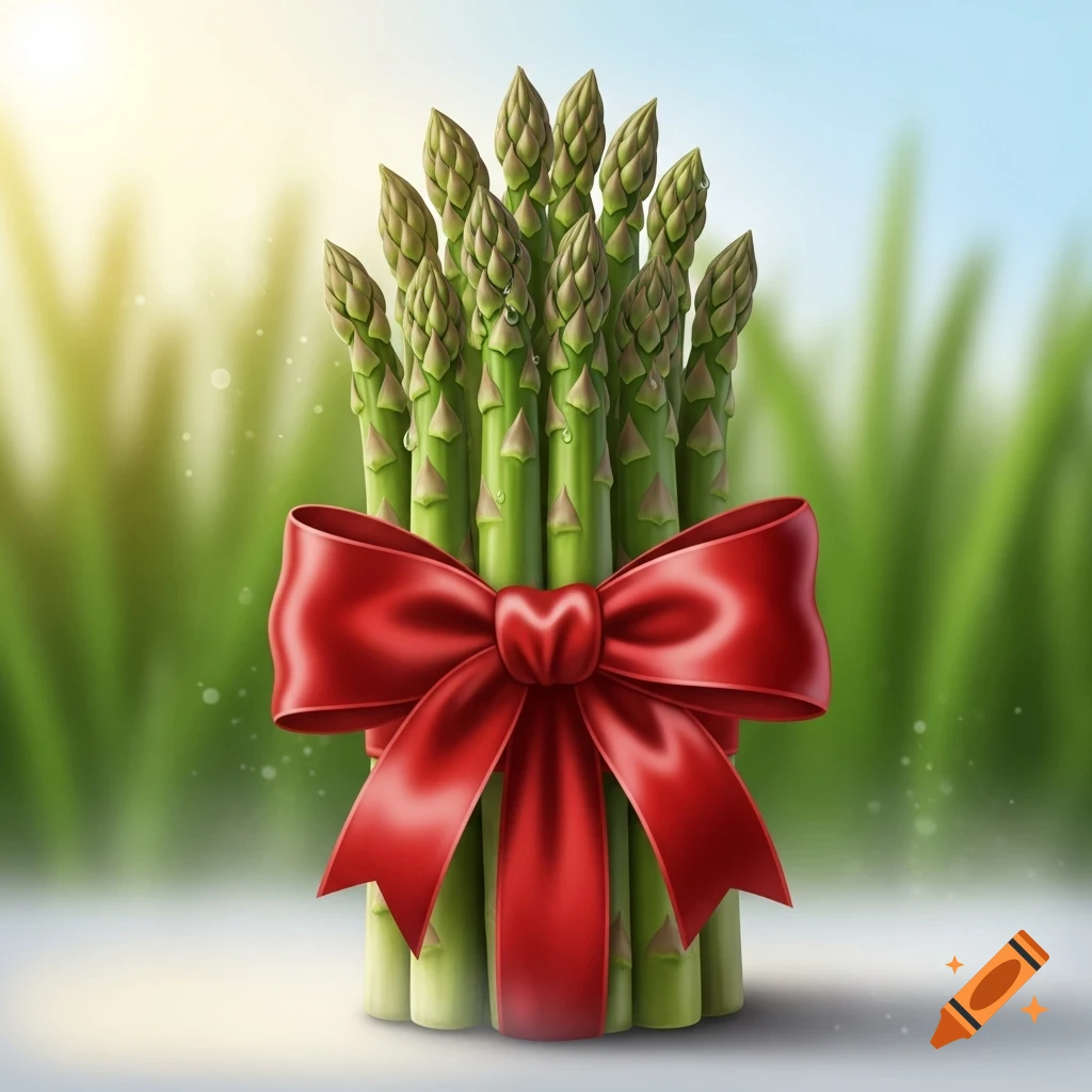 A vibrant bundle of green asparagus spears tied with a shiny red bow, set against a soft focus sunny green background.