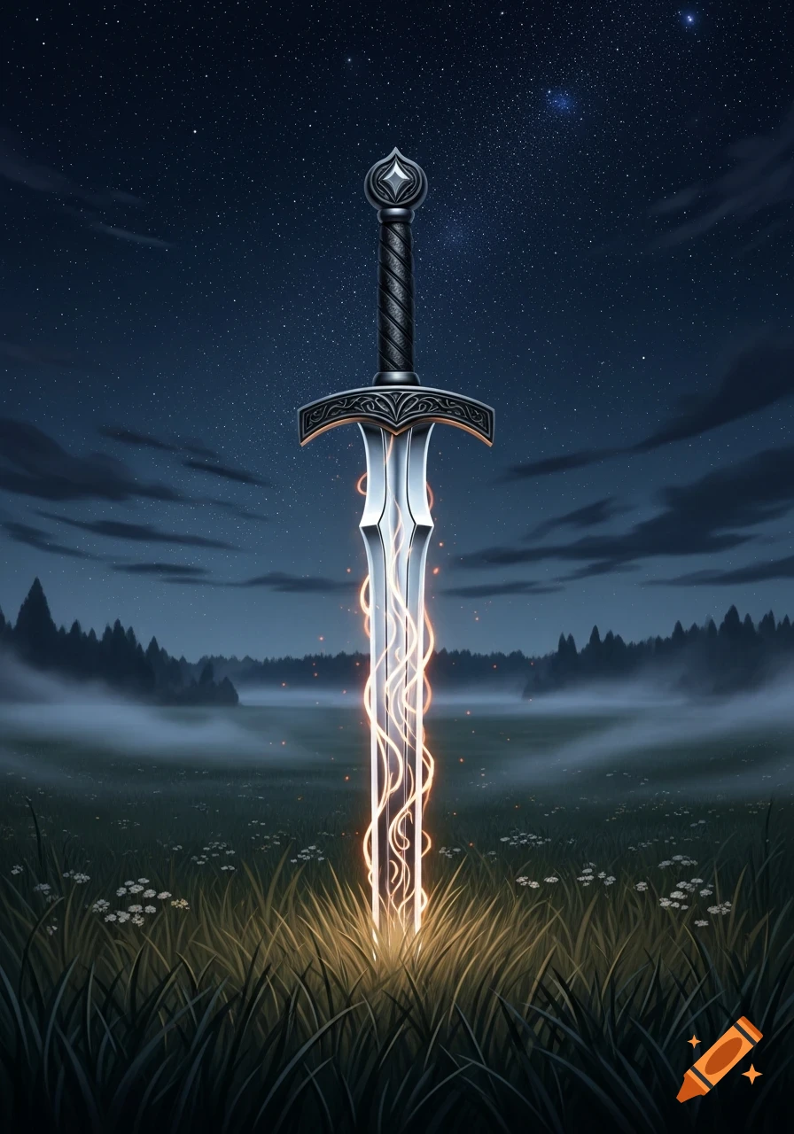 A glowing chrome sword with delicate fire patterns plunged into a misty meadow at night under a starry sky.