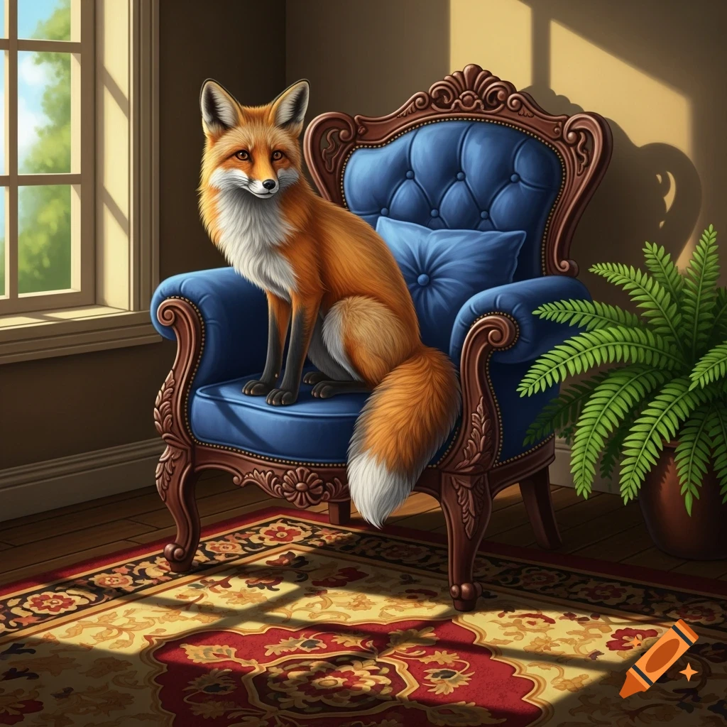 A realistic fox with orange fur and a white chest sits regally on a blue ornate armchair in a sunlit room with a patterned rug.