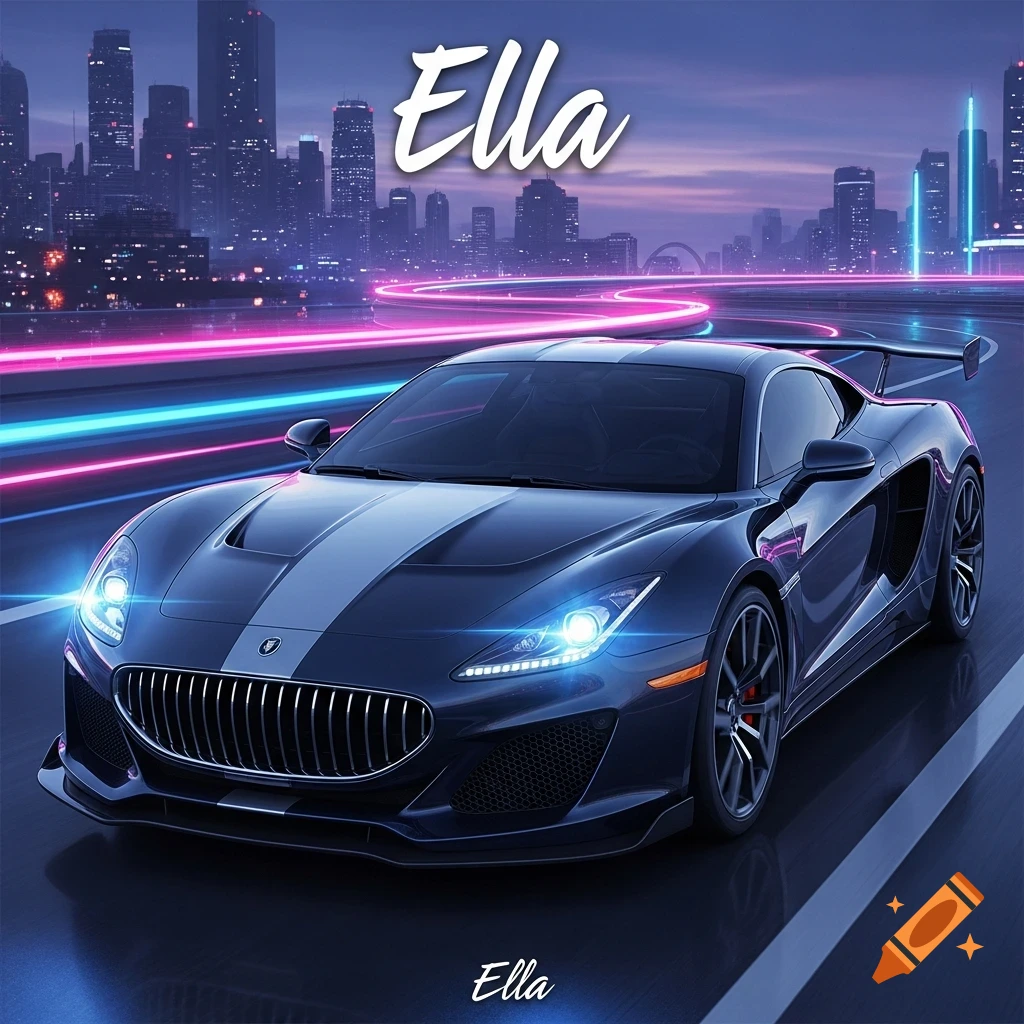 Dark blue sports car with white stripes on a neon-lit highway, futuristic cityscape background, and 'Ella' text.
