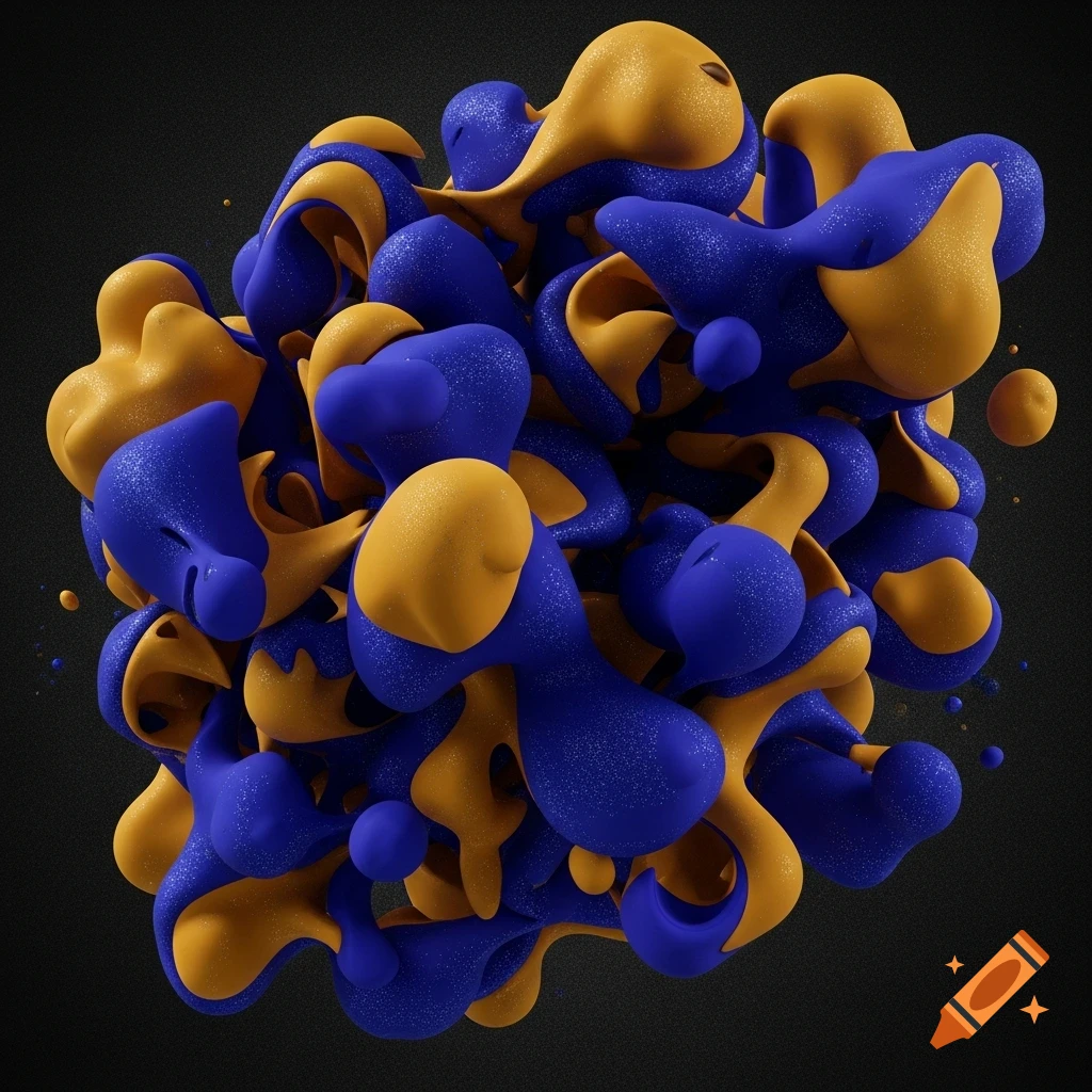 Cluster of glossy, glittery blue and yellow amorphous shapes on a dark background, 3D render.
