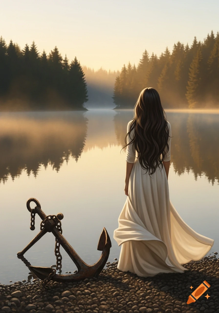 A woman with long dark hair in a white dress stands by a misty lake with an anchor on the rocky shore, forest in background at sunrise.